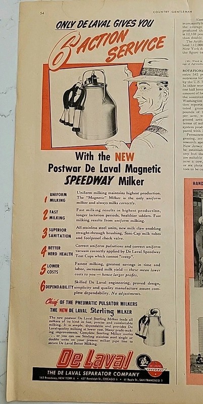 1947 De Laval Cream separator company Magnetic speedway milker vintage Ad