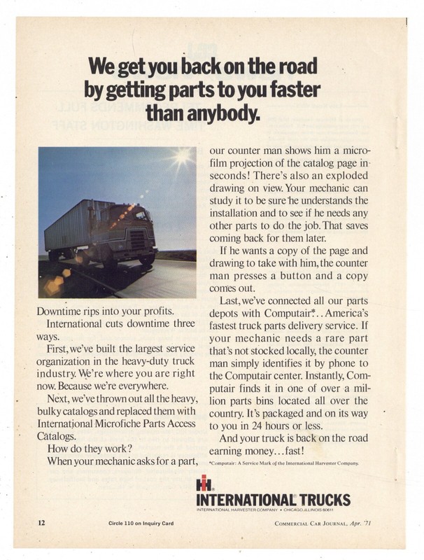 1971 IH International Trucks Ad: Intro of Computair – Computerized Parts Service