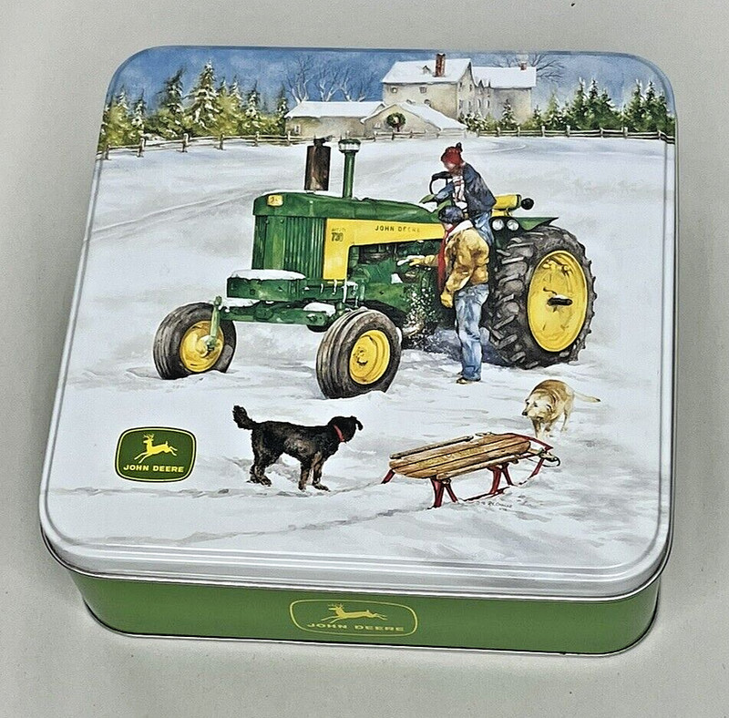 John Deere Tractor Tin Canister 7″ Winter on Farm Christmas Scene Dogs Sled Snow