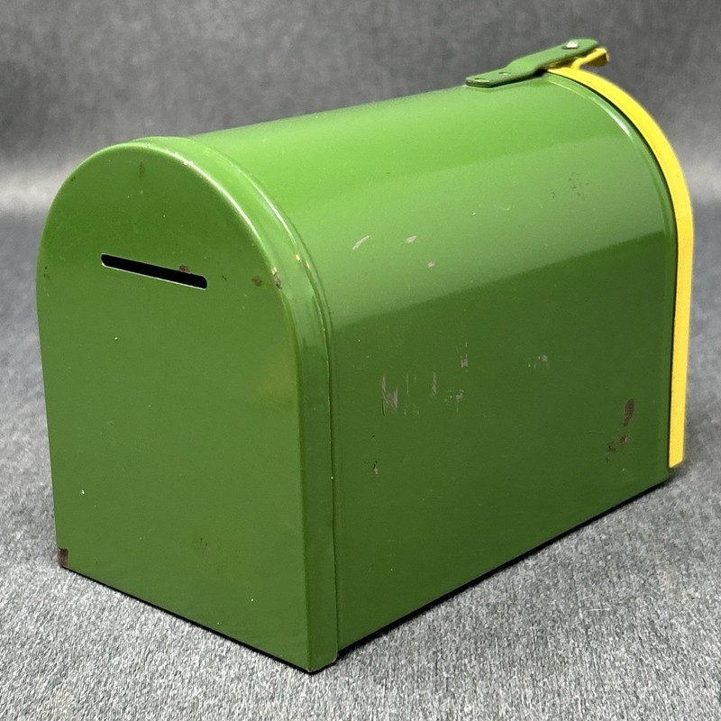 Vintage John Deere Green & Yellow Metal Mailbox Toy Bank ERTL Co Made in USA gallery