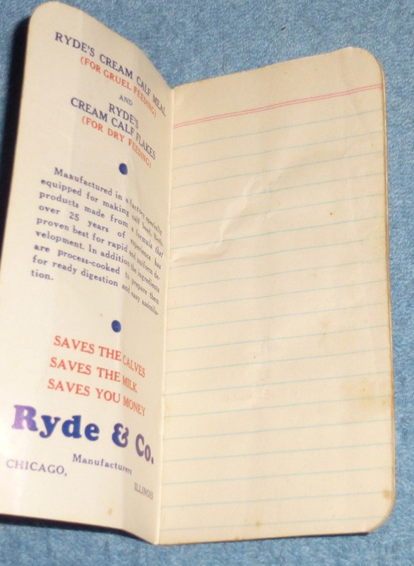 Vintage Ryde & Co Cream Calf Meal Flakes Chicago Illinois Pocket Memo Notebook gallery