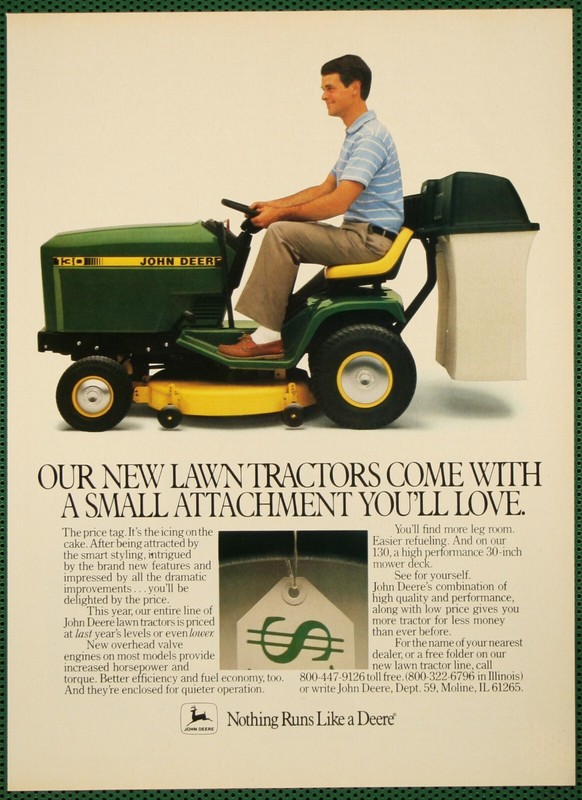 John Deere 130 Lawn Tractor Small Price Tag Vintage Print Ad 1986