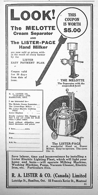 1924 Canadian R. A. Lister ad Melotte Separator, Lister-Page Hand Milker