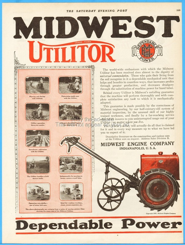 1919 Midwest Engine Utilitor Tractor Farming Agriculture Farmer Indianapolis Ad