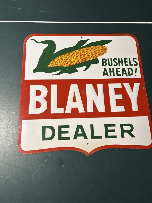 Vtg Original Blaney Corn Seed Dealer Bushels Ahead! Metal Embossed Sign 20×20.5