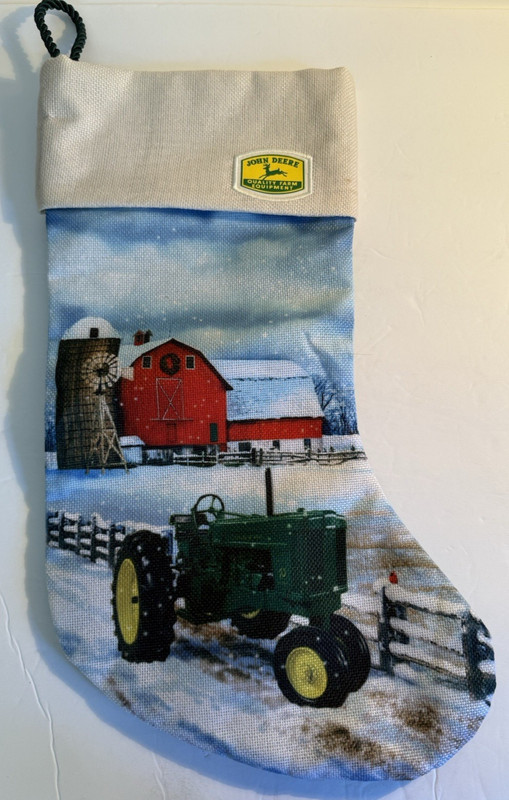 John Deere Christmas Stocking Green Tractor Red Barn Winter Snow Kurt Adler