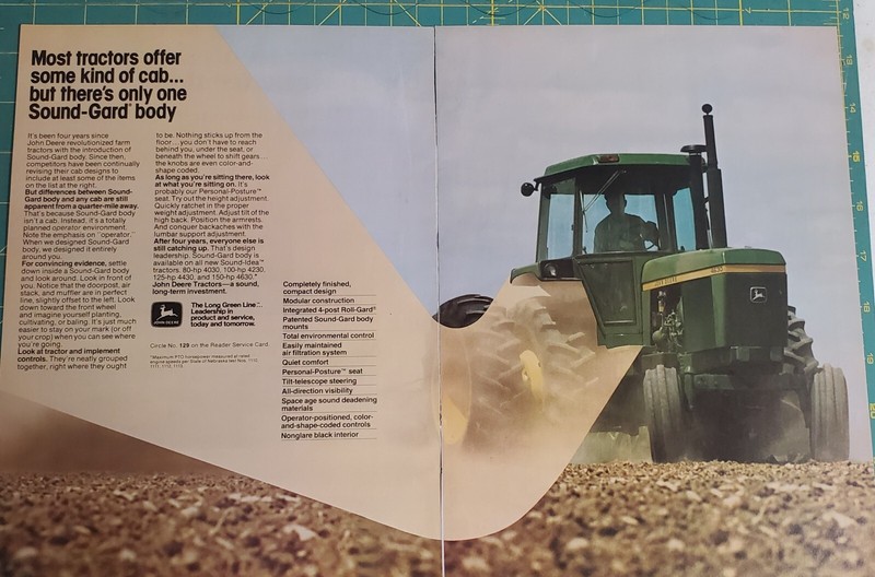 John Deere Tractors 1973 2 page Magazine Ad Sound Gard Body 4630