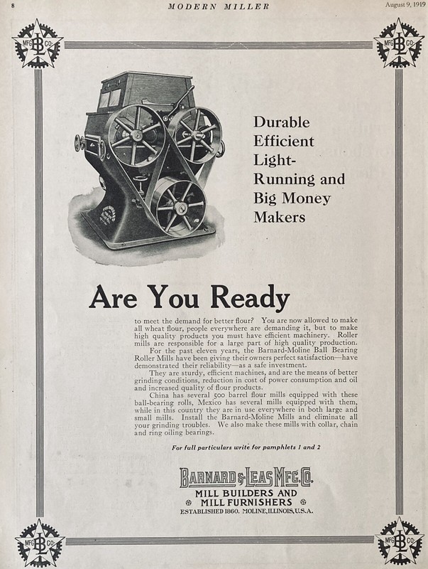 1919 AD.(XH31)~BARNARD & LEAS MFG. CO. MOLINE, ILL. FLOUR MILL MACHINERY