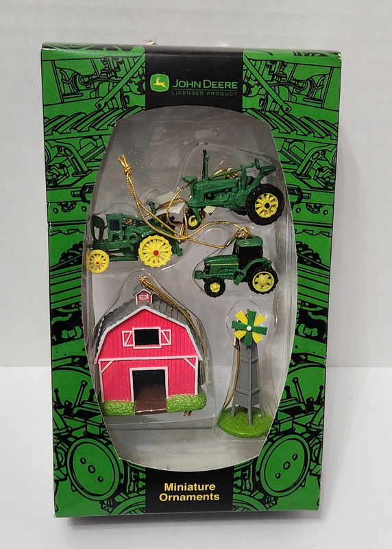John Deere Enesco 5 pc Miniature Ornaments Farm Barn Windmill 3 Tractors VIntage