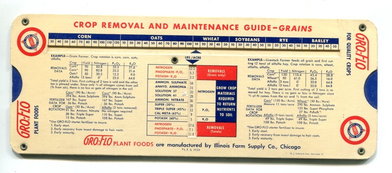 Gro-Flo Grain and Hay Guide, Slide Calculator, Illinois Farm Supply, 1954