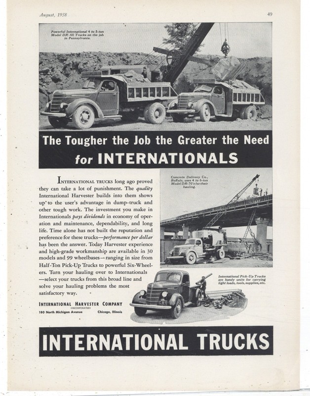 1938 IH International Trucks Ad: DR60, DR70 & Pickup Pictured