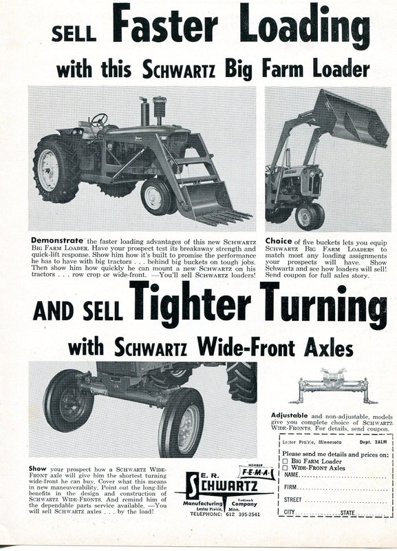 1966 Dealer Print Ad of ER Schwartz Big Farm Loader w John Deere & MM Tractor