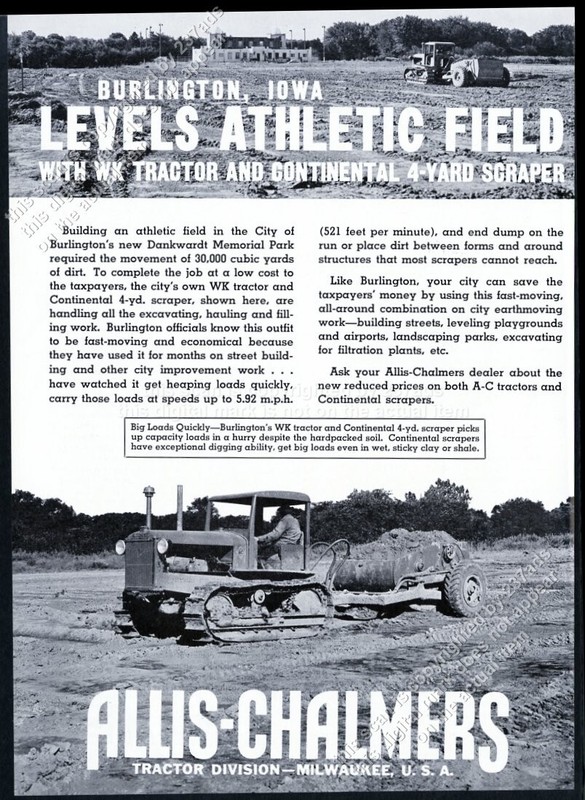1938 Allis Chalmers WK tractor & scraper Burlington IA photo vtg trade print ad