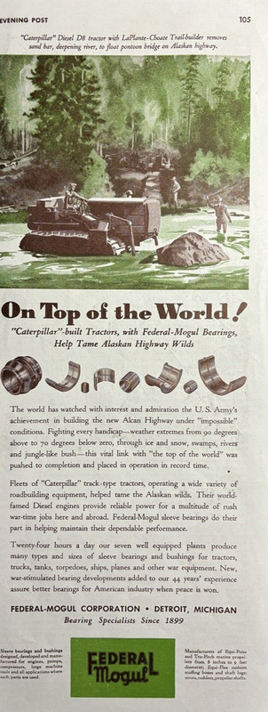 1943 Federal Mogul Corp Detroit Tractors Bearings Alaskan Hgwy VTG Print Ad