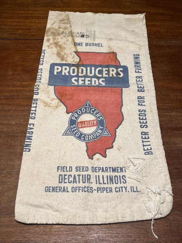 Producers Seeds Corn Cloth Seed Bag Decatur, IL Shape of IL (slight damage)