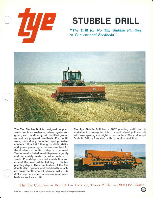 Farm Implement Data Sheet – Tye – Stubble Drill – c1981 – Brochure (F4553)