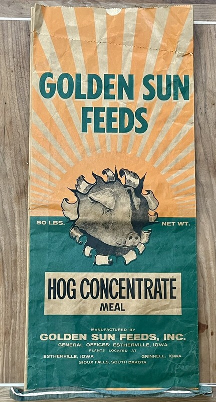 Farm (Hog) Feed Sack, Golden Sun Feeds, 50 Lb. Iowa & Sioux Falls South Dakota.
