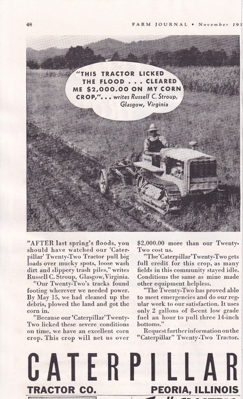 Print Ad 1936 Caterpillar Twenty Two Tractor 5inx8in Russell C Stroup Glasgow VA