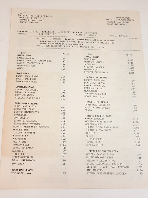 Vtg 1980s Agnew Seeds Roanoke Virginia Price List Seed Prices 80 & 85 List gallery
