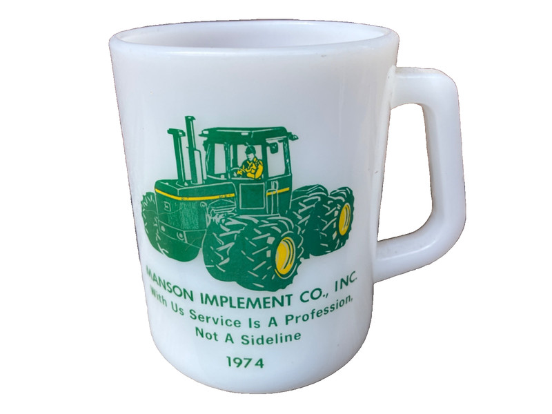VTG 1974 JOHN DEERE TRACTOR MANSON IMPLEMENT CO IOWA ADV MILK GLASS CUP DUAL