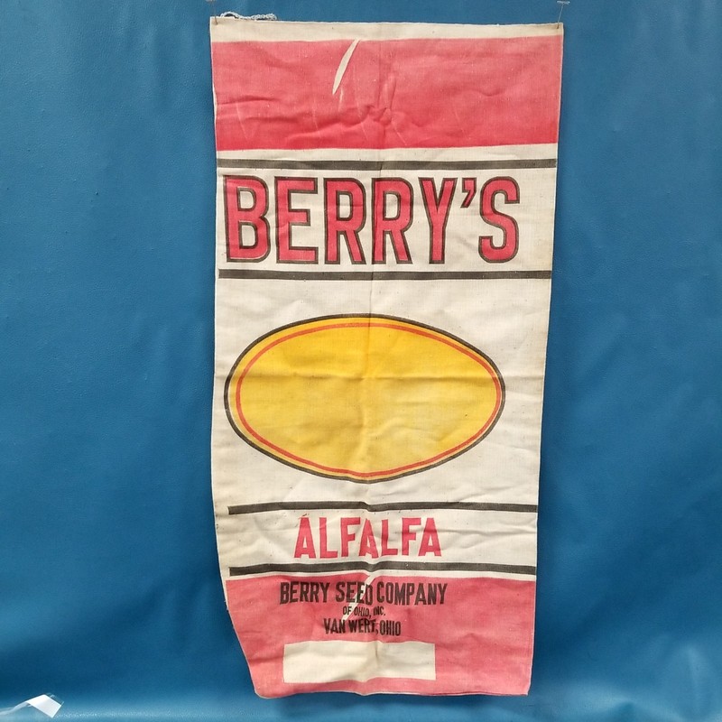 VTG Barrys Alfalfa Woven Fabric Seed Bag Van Wert Ohio Red/Yellow Graphics EUC