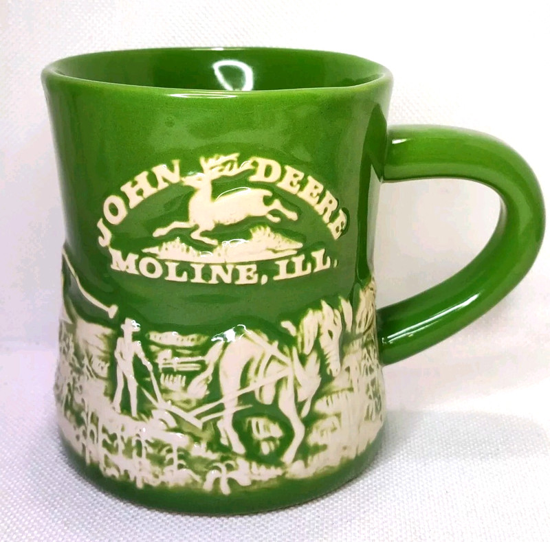 John Deere Raised-Relief Horse & Plow Green Stoneware Diner 12 oz Mug Moline IL
