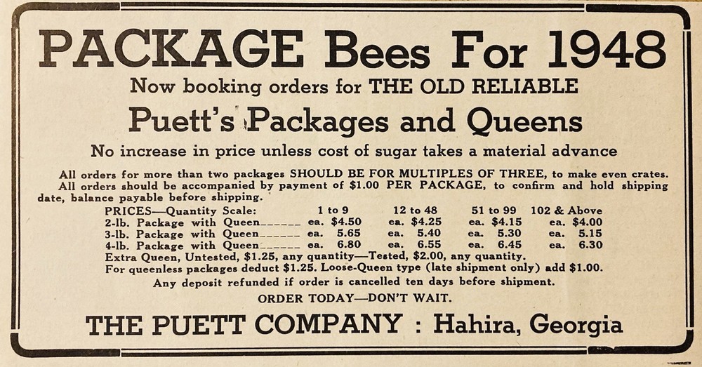 1948 AD.(XH87)~THE PUETT CO. HAHIRA, GA. PACKAGE BEES FOR 1948