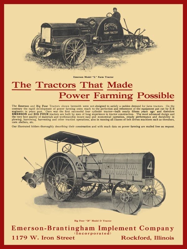 1915 EB Emerson Brantingham Tractors, Rockford NEW METAL SIGN: 12×16″ Ships Free