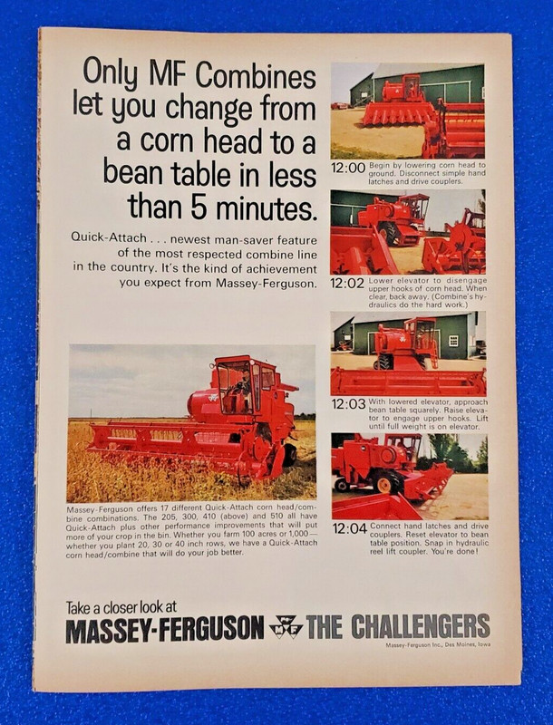 1968 MASSEY-FERGUSON MF 410 510 205 300 COMBINES ORIGINAL PRINT AD – (LOT S24+)