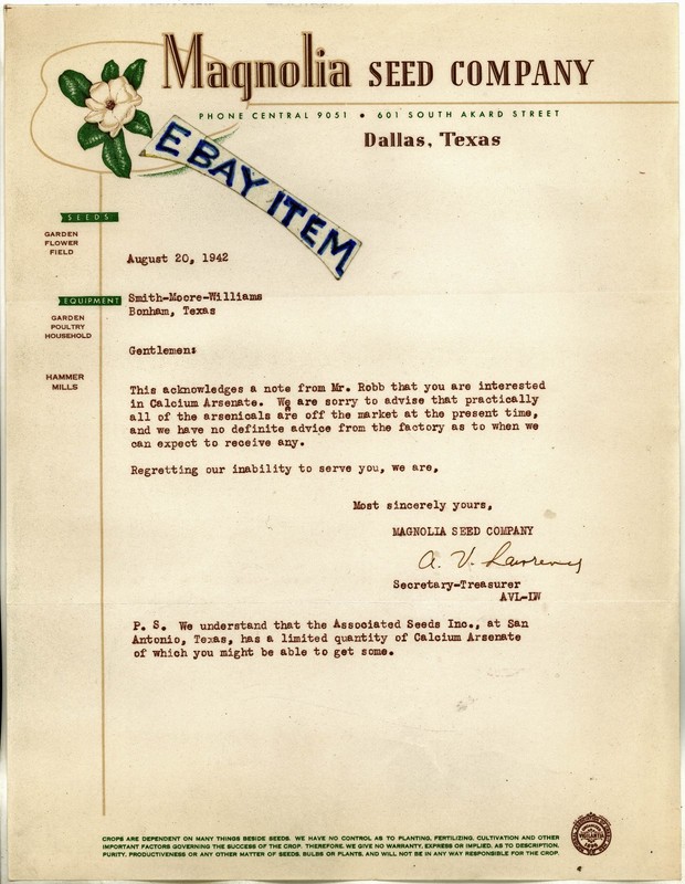 1942 LETTERHEAD Dallas Texas MAGNOLIA SEED COMPANY garden flower & field seeds
