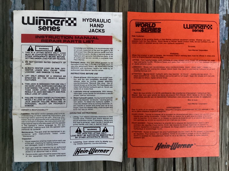 Rare Vintage Original Winners Series Hydraulic Hand Jacks Manual & List