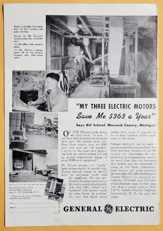 Original 1939 Electric Farm Ad Featuring Bill Schoof, Macon County, Michigan