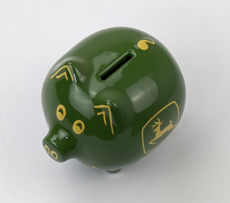 John Deere Ceramic Piggy Bank Stoneware Smiling Pig Green Yellow Authentic Logo gallery