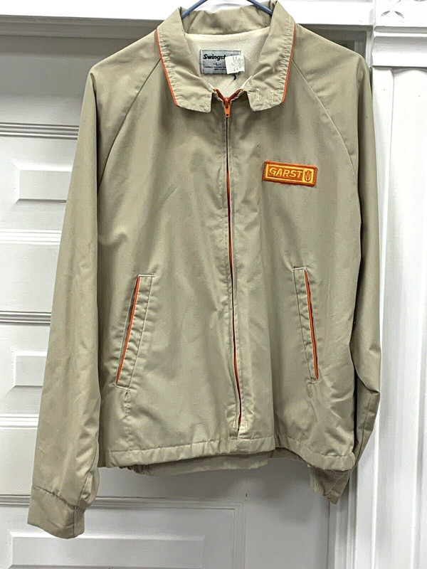 VINTAGE GARST SEED KHAKI TAN FARM JACKET SWINGSTER ADULT SZ LARGE (69)