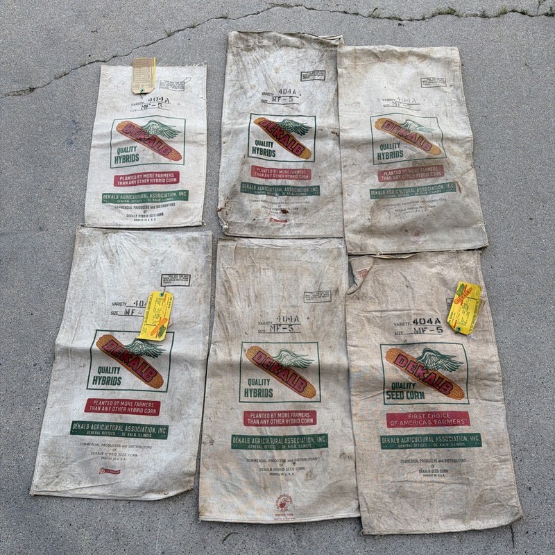 Set of 6 Dekalb Seed Hybrid Corn Lined Waterproof Bags 1940s W/Tags Seed Sack