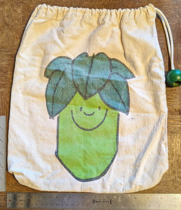 Jolly Green Giant Canvas Bag with Wooden Drawstring Bead 1970’s Vintage