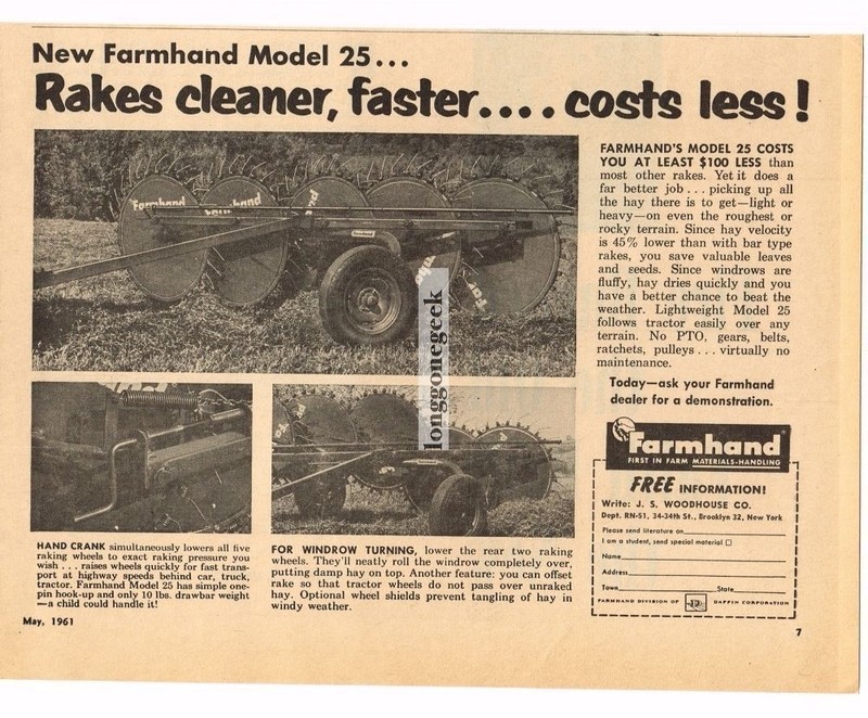 1961 Farmhand Model 25 Hay Rake Vintage Ad