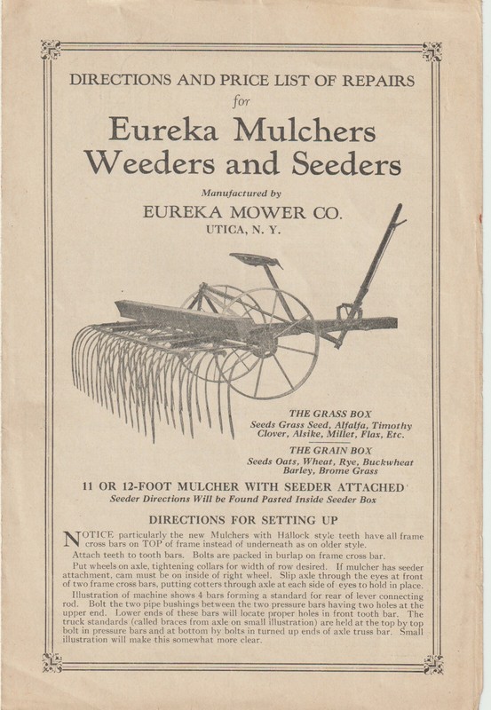 Eureka Mulchers Weeders & Seeders Directions Price List Manual Utica New York