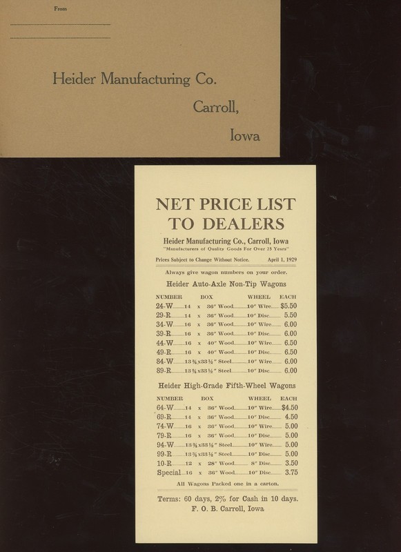 1930 Heider Manufacturing Wagon Maker Carrol, Iowa Brochure and Cover, Envelope gallery