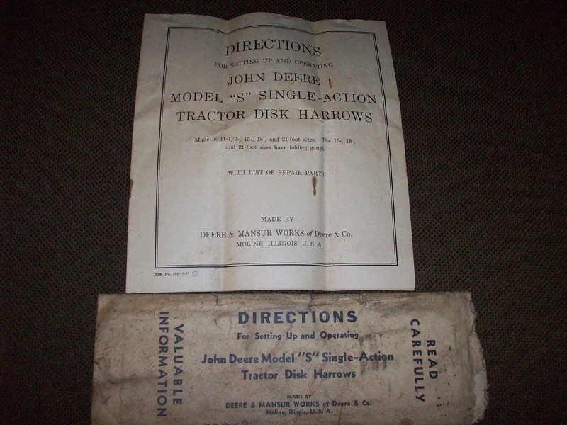 1937 John Deere S Tractor Disk Harrow Operating Manual With Envelope