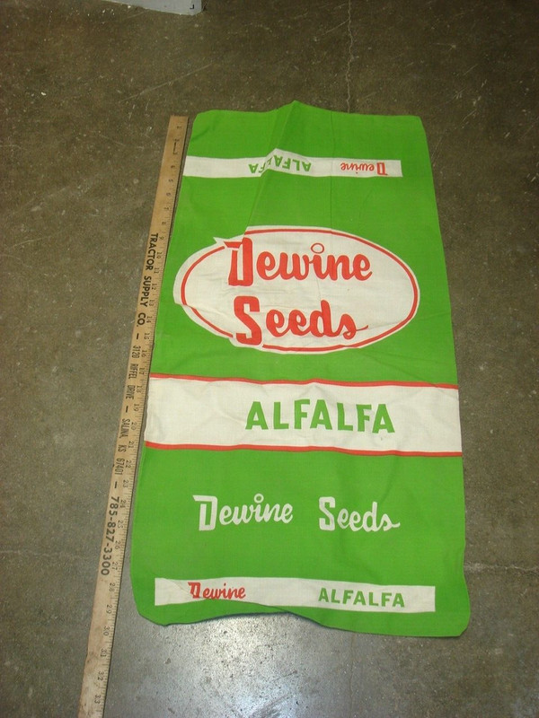VINTAGE DEWINE ALFALFA SEED CORN SACK FARM FIELD ADVERTISING CLOTH BAG TWO SIDED