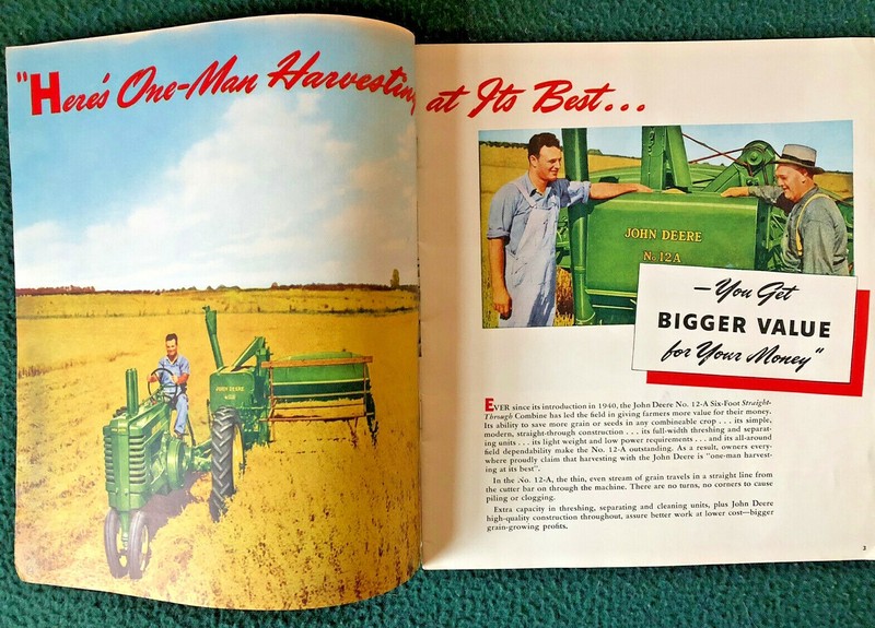 JOHN DEERE COMBINE CATALOG c.1946 + c.1941 Advertising Sheet for SWEEP RAKE gallery