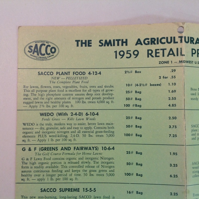 Vtg SACCO Smith Agricultural Chemical Co 1959 Retail Price List Zone 1 Midwest gallery