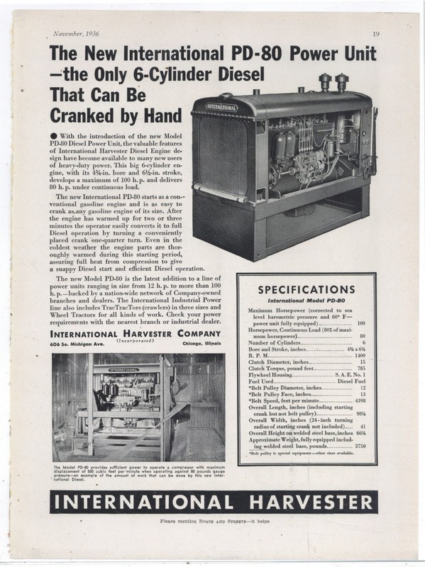 1936 IH International Harvester Ad: PD-80 Hand Cranked Power Unit Intro & Specs