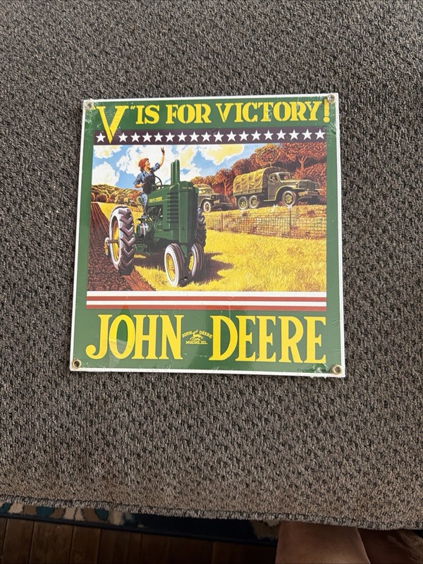Vtg Ande Rooney Porcelain Sign John Deere “V” is for Victory 9 1/2″ x 10″ New