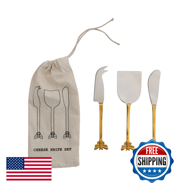Creative Co-Op 3-Piece Stainless Steel Cheese Knives Bee Handles Gold Dg0206