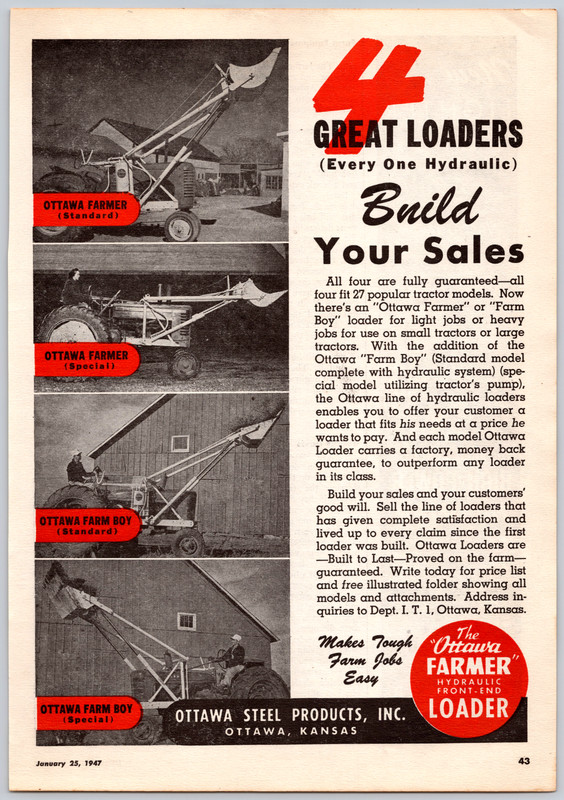 1947 Print Ad Ottawa Steel Products 4 Great Loaders Every One Hydraulic Farmer