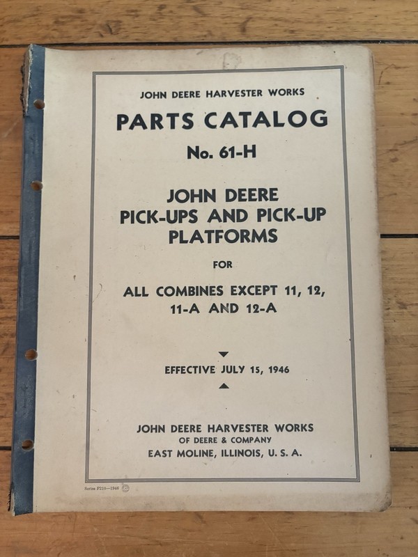Vintage 1942 John Deere Harvester Works Repair Catalog No. 61-H