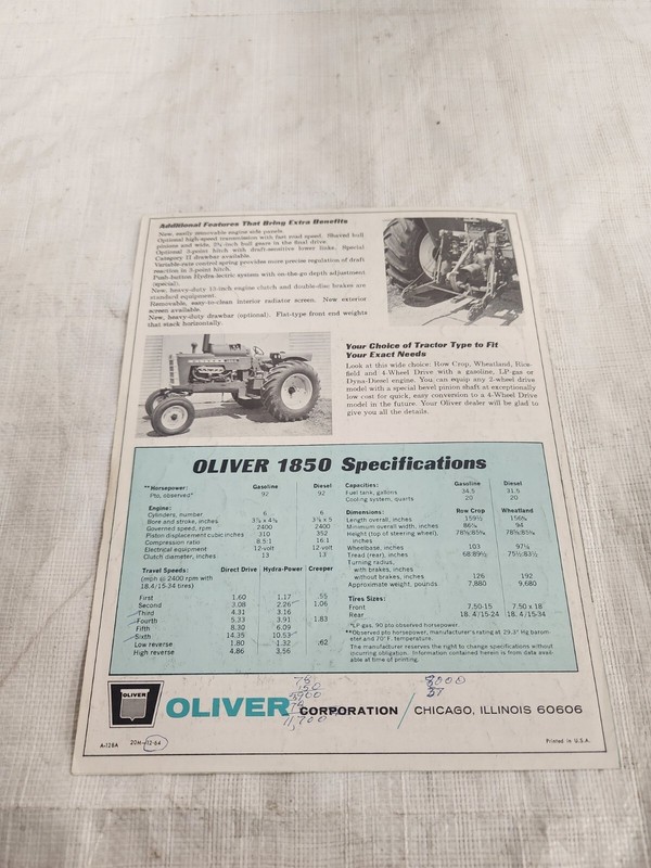 Original Oliver 1850 Tractor Brochure A-128A 20M-12-64 gallery