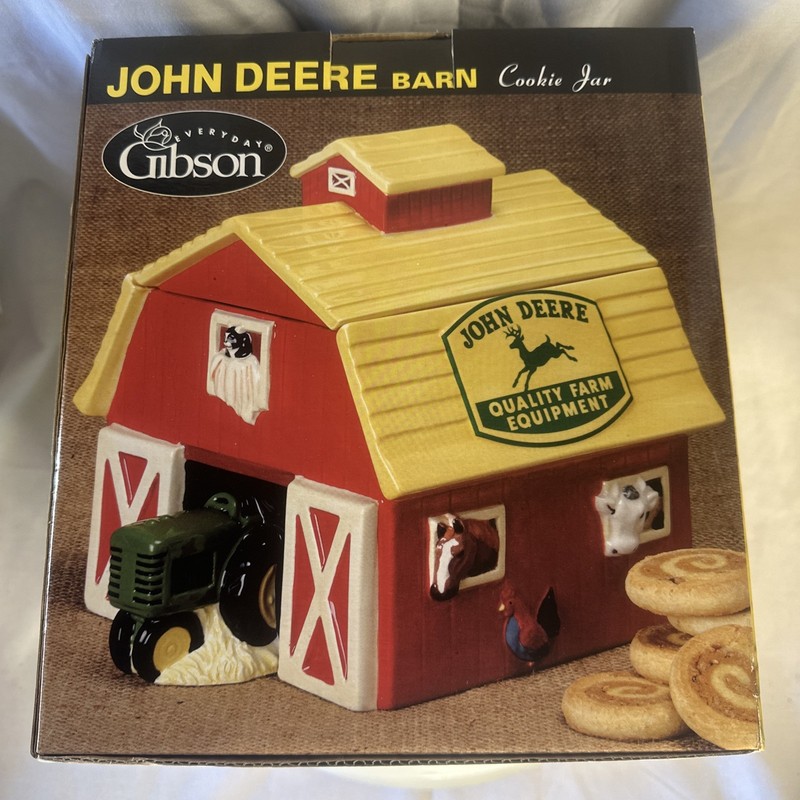 John Deere Cookie Jar Green Tractor Red Barn Farm House Decor Gibson New In Box